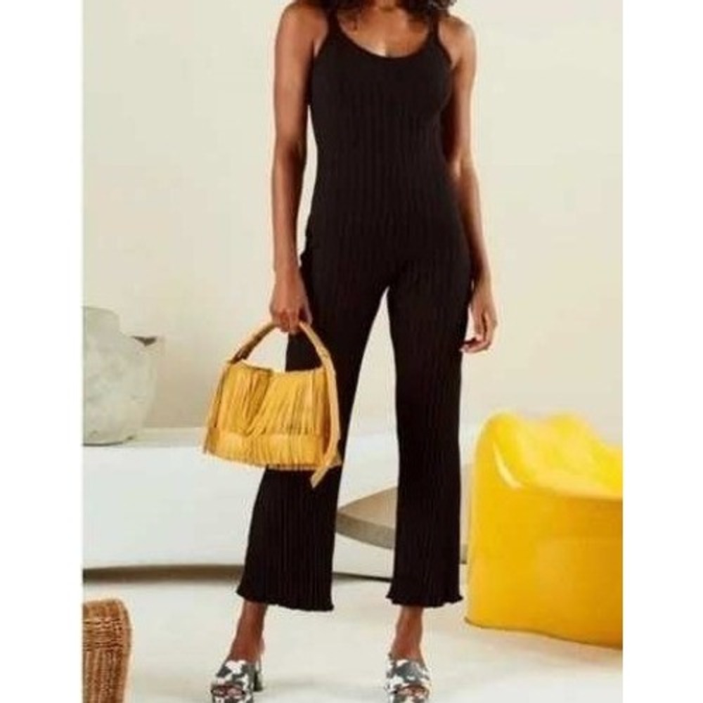 Simon Miller Malo Rib Knit Black Spaghetti Strap Jumpsuit XXL Lettuce Hem